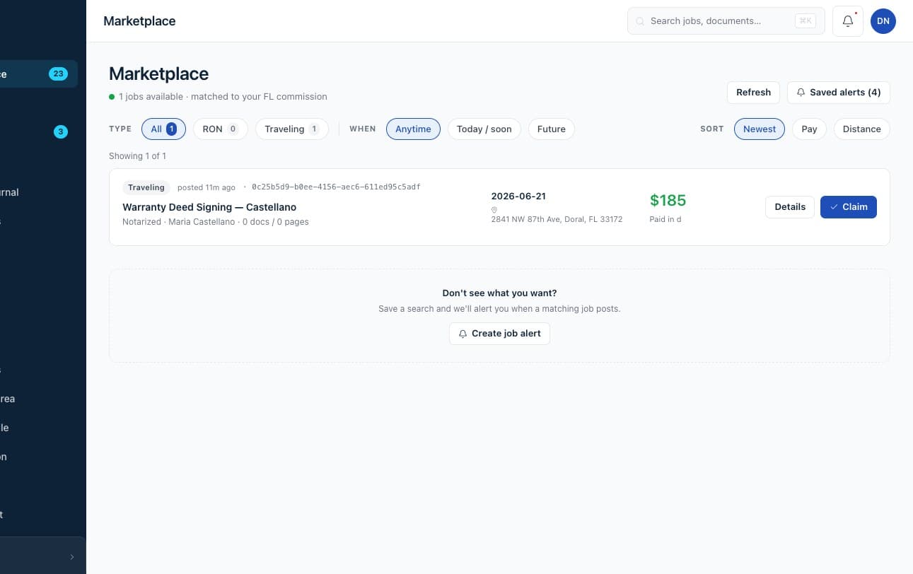 The marketplace: a traveling job matched to a Florida commission, with the fee and a claim button.