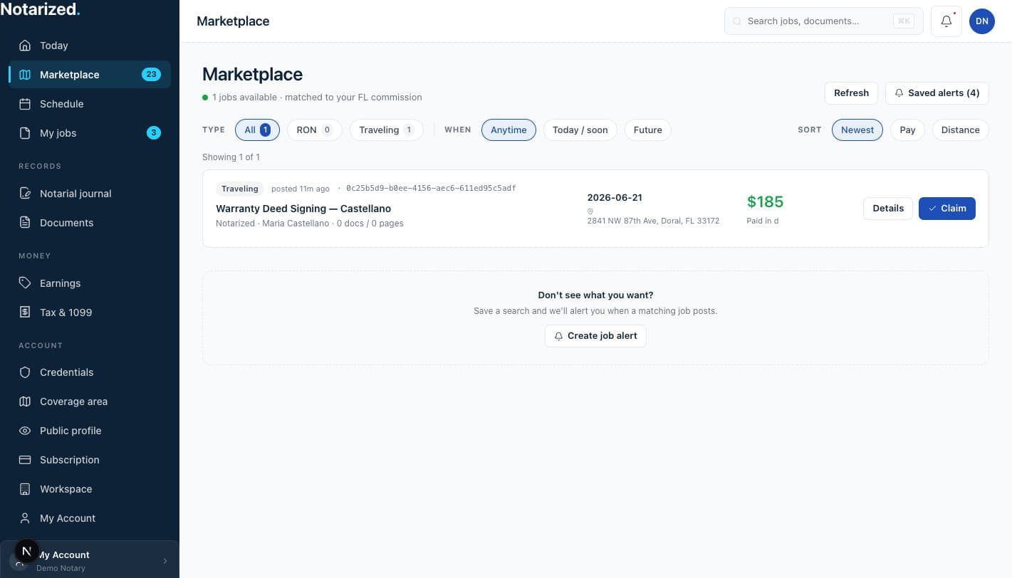 The notary workspace: marketplace, schedule, journal, earnings, credentials and coverage area in the sidebar.