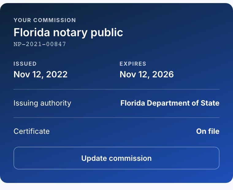 The commission card on the notary profile: state, number, issue and expiration dates, issuing authority, certificate on file.