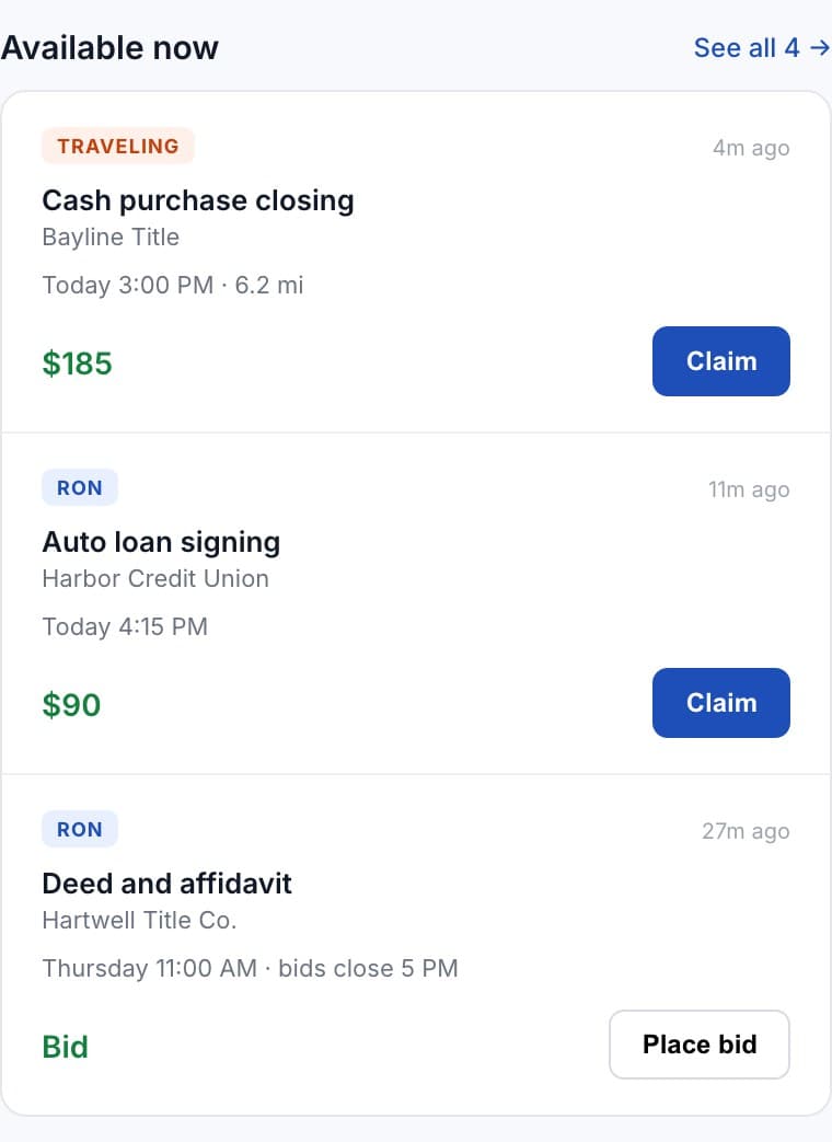 Jobs available now: two to claim and one taking bids, each with the office, time and fee.