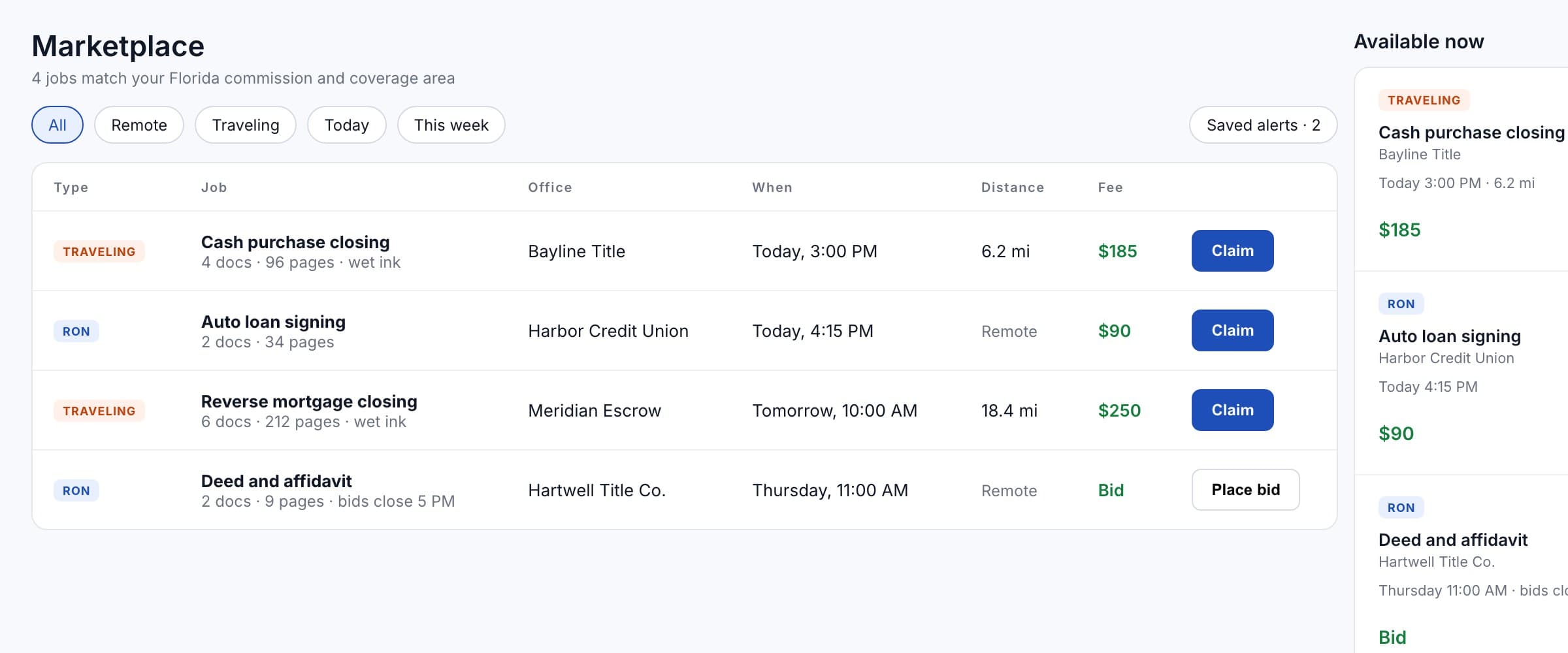 The marketplace list: four matching jobs with type, office, time, distance and fee, three to claim and one taking bids.