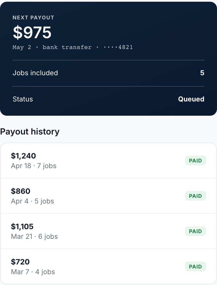 The next payout with the jobs it covers, and the payout history.