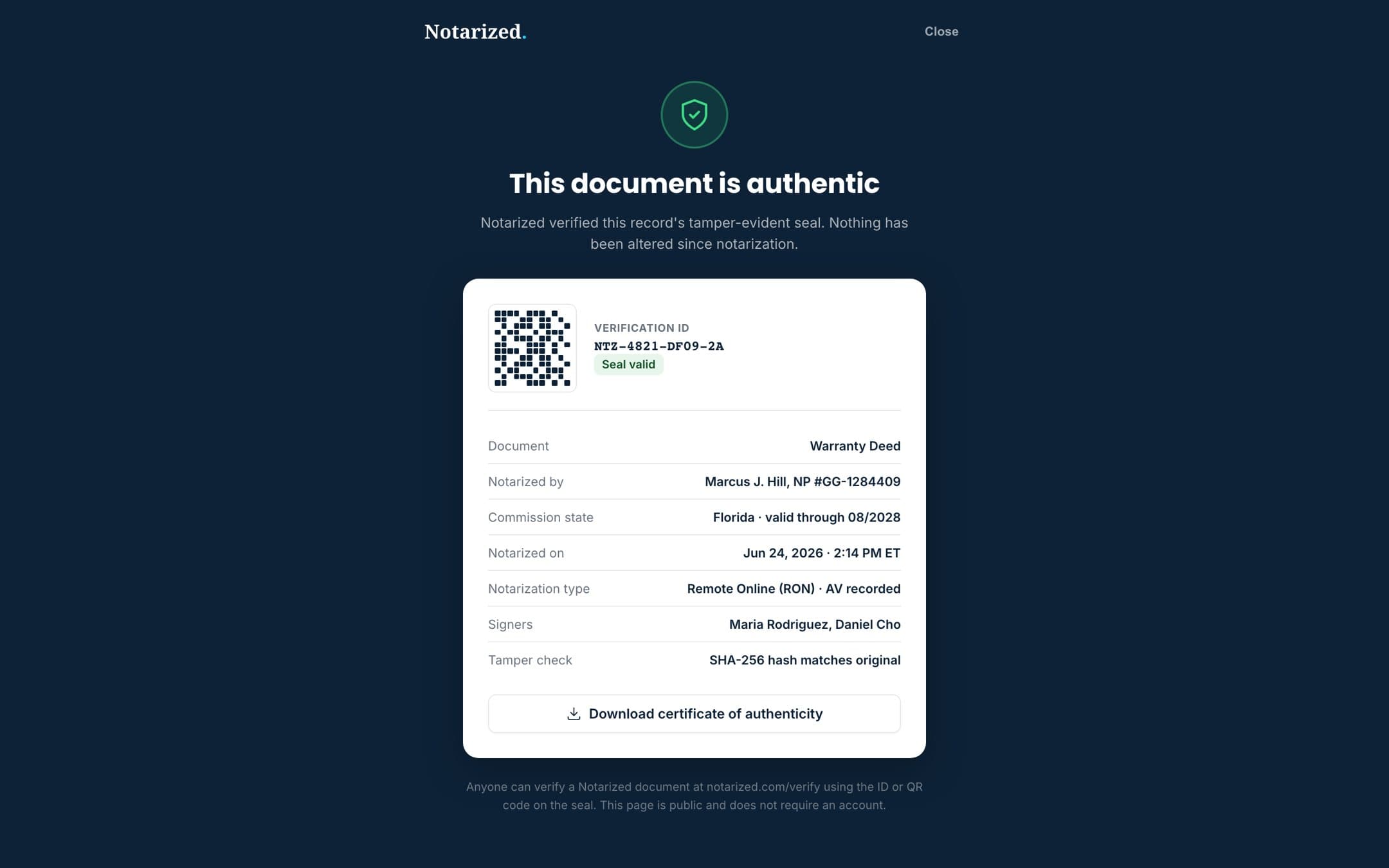 The public verification page: seal valid, the notary and commission, the timestamp, the signers and a passing tamper check.