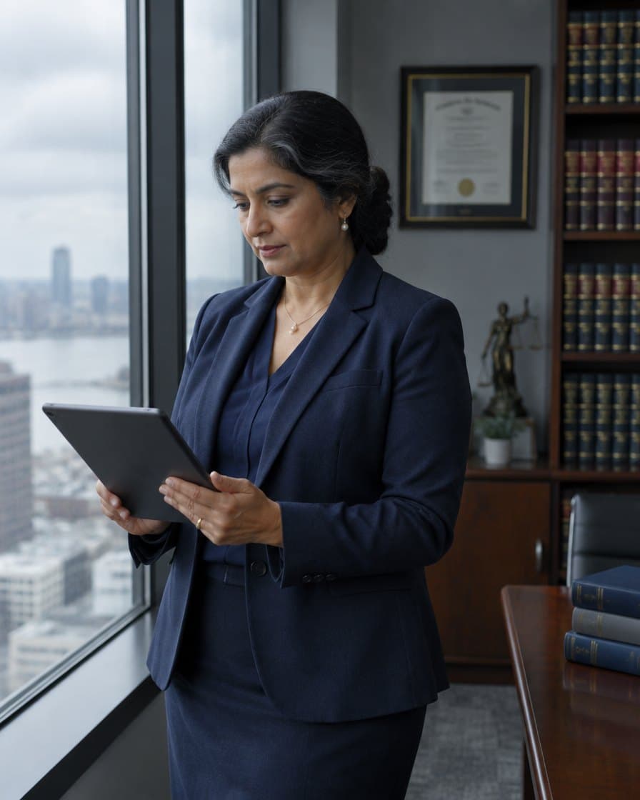 A real estate attorney reviewing a deed on a tablet by a window.