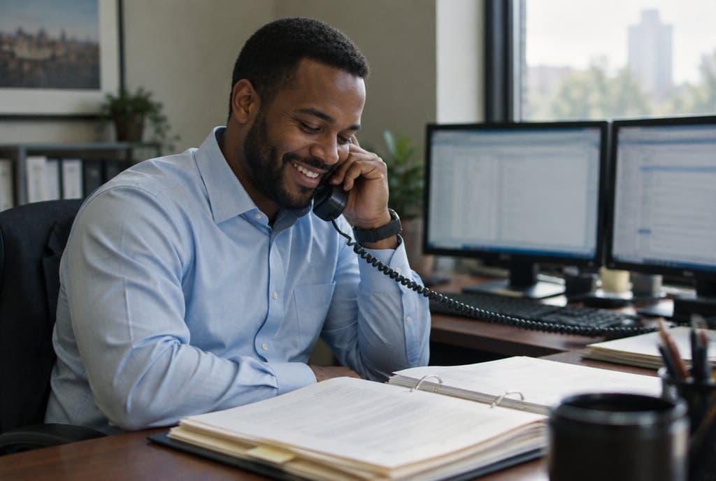 A closing coordinator on the phone at his desk.