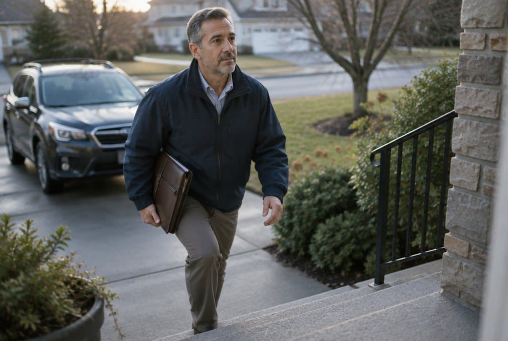 A traveling notary walking up the front steps of a home.