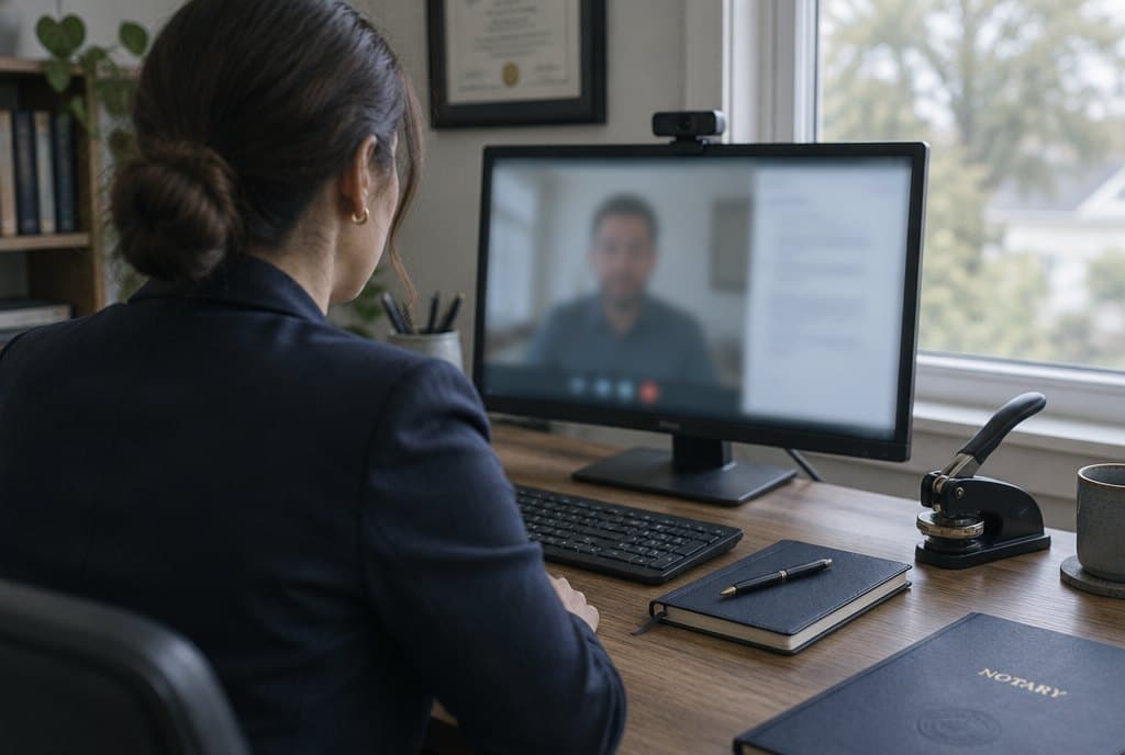 A notary at a home office desk on a video call, an embosser and journal beside the keyboard.