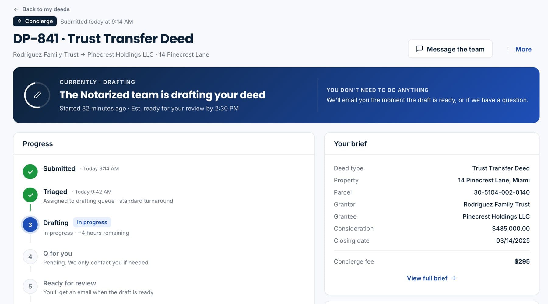 A concierge deed order in the workspace: the Notarized team is drafting the deed, with progress from submitted to ready for review. Sample data.
