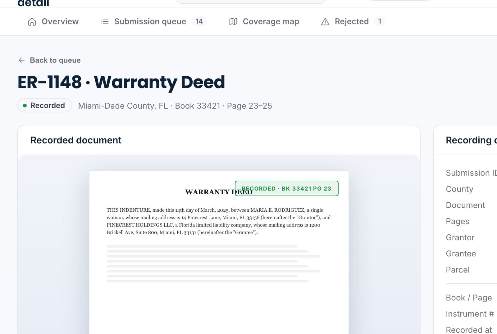 A recorded warranty deed: the stamped copy, recording details with book and page, and the timeline.