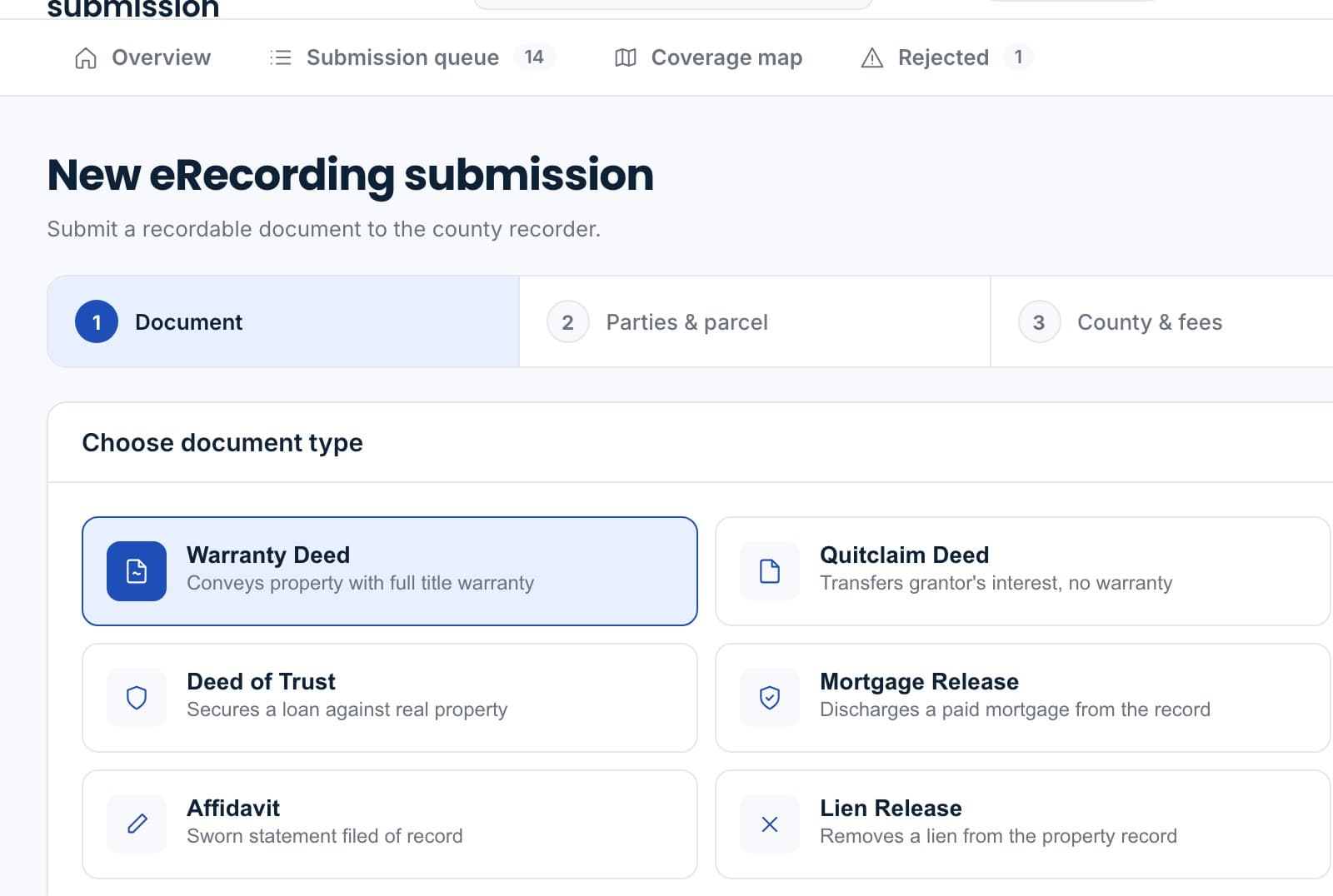 A new eRecording submission: document type, the county and fees, and the pre-flight check.