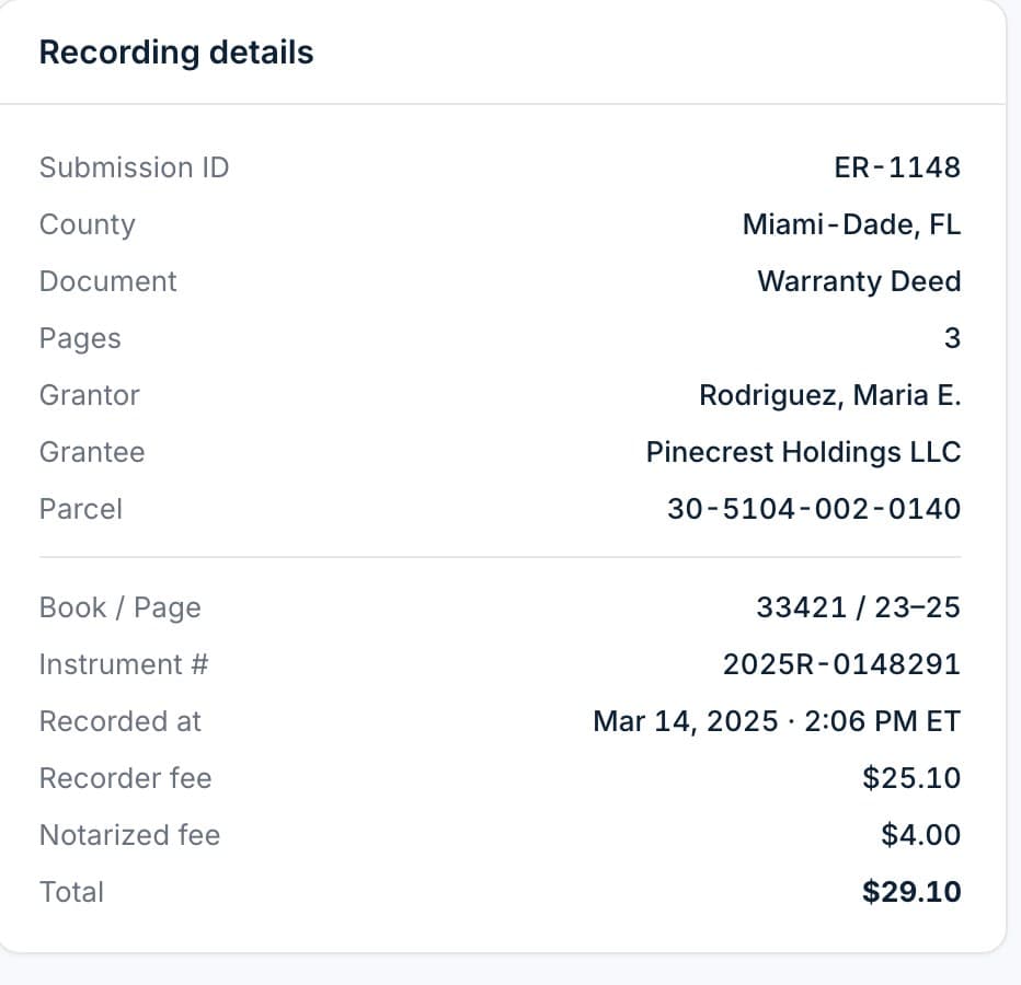 Recording details for a recorded instrument: county, grantor and grantee, parcel, book and page, instrument number, recorded at, and fees.