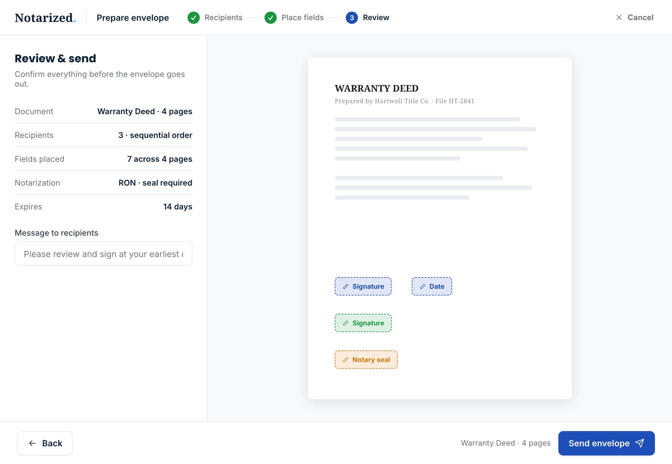 Review and send: document, recipients, fields placed, notarization, expiry and a message to recipients.