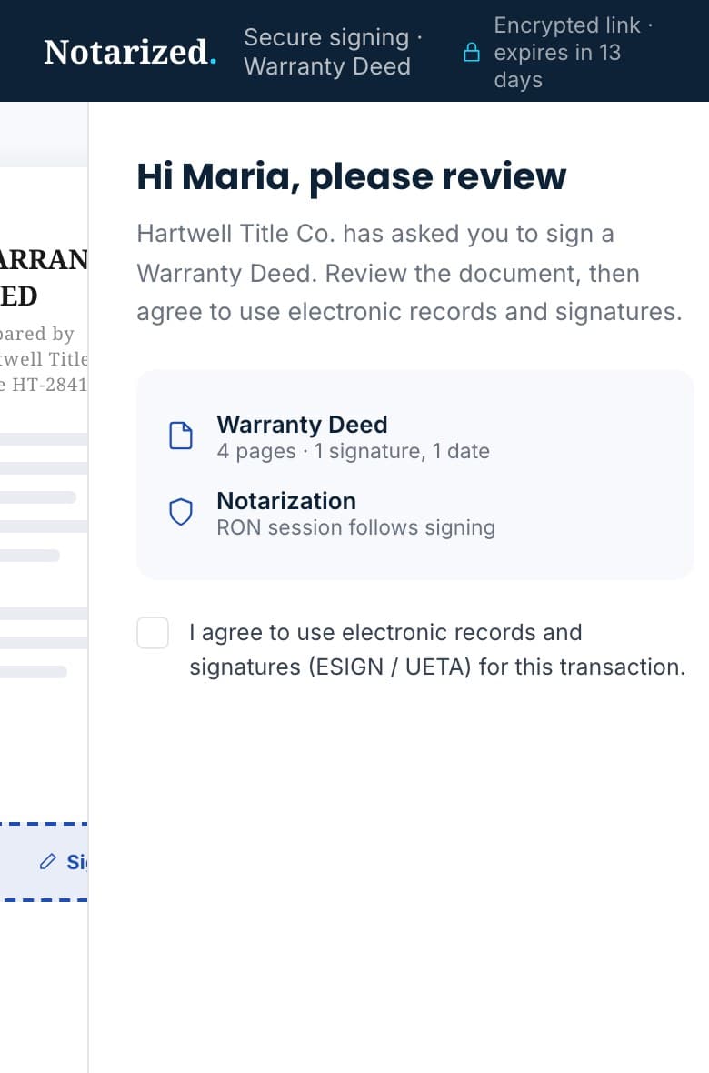 The signer's view on a phone: who is asking, the documents in the envelope, and consent to sign electronically.