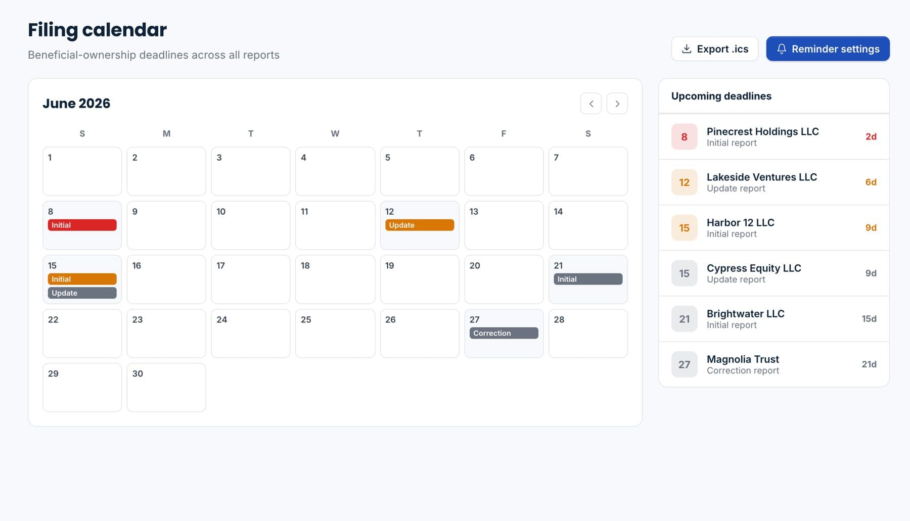 The filing calendar with upcoming deadlines.