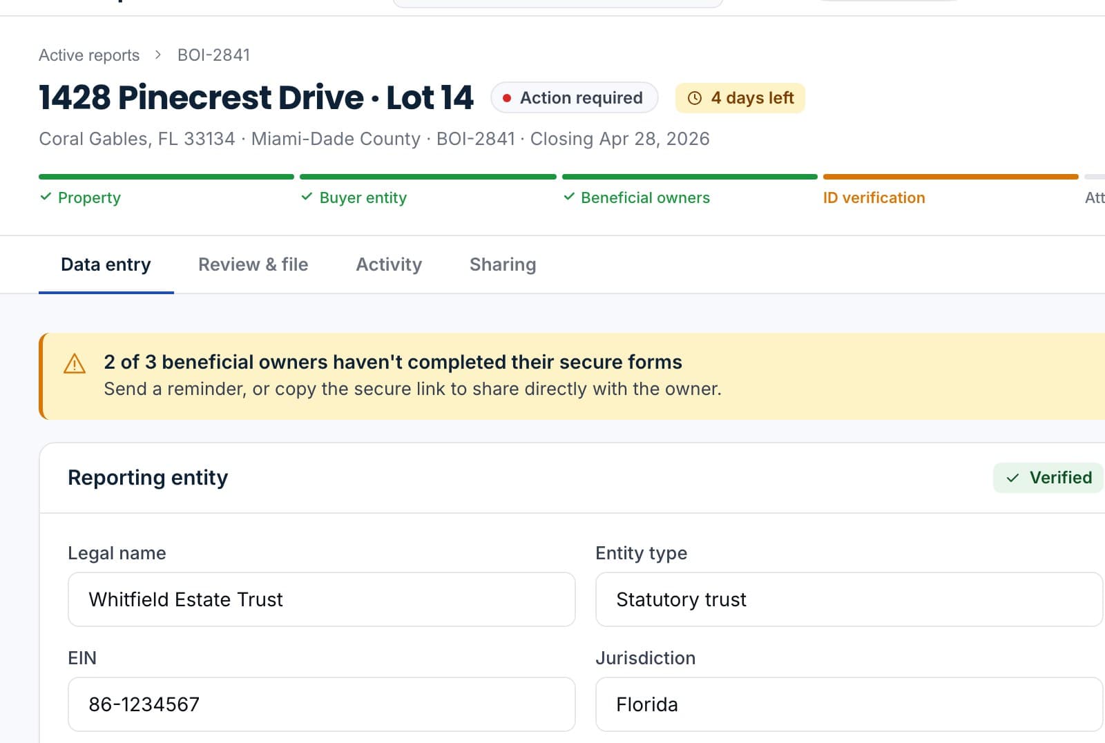 A report: the reporting entity, its beneficial owners and the filing checklist, with two owner forms still outstanding.