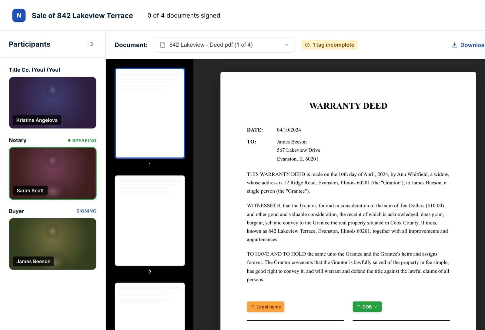 A live remote notarization session in the platform.