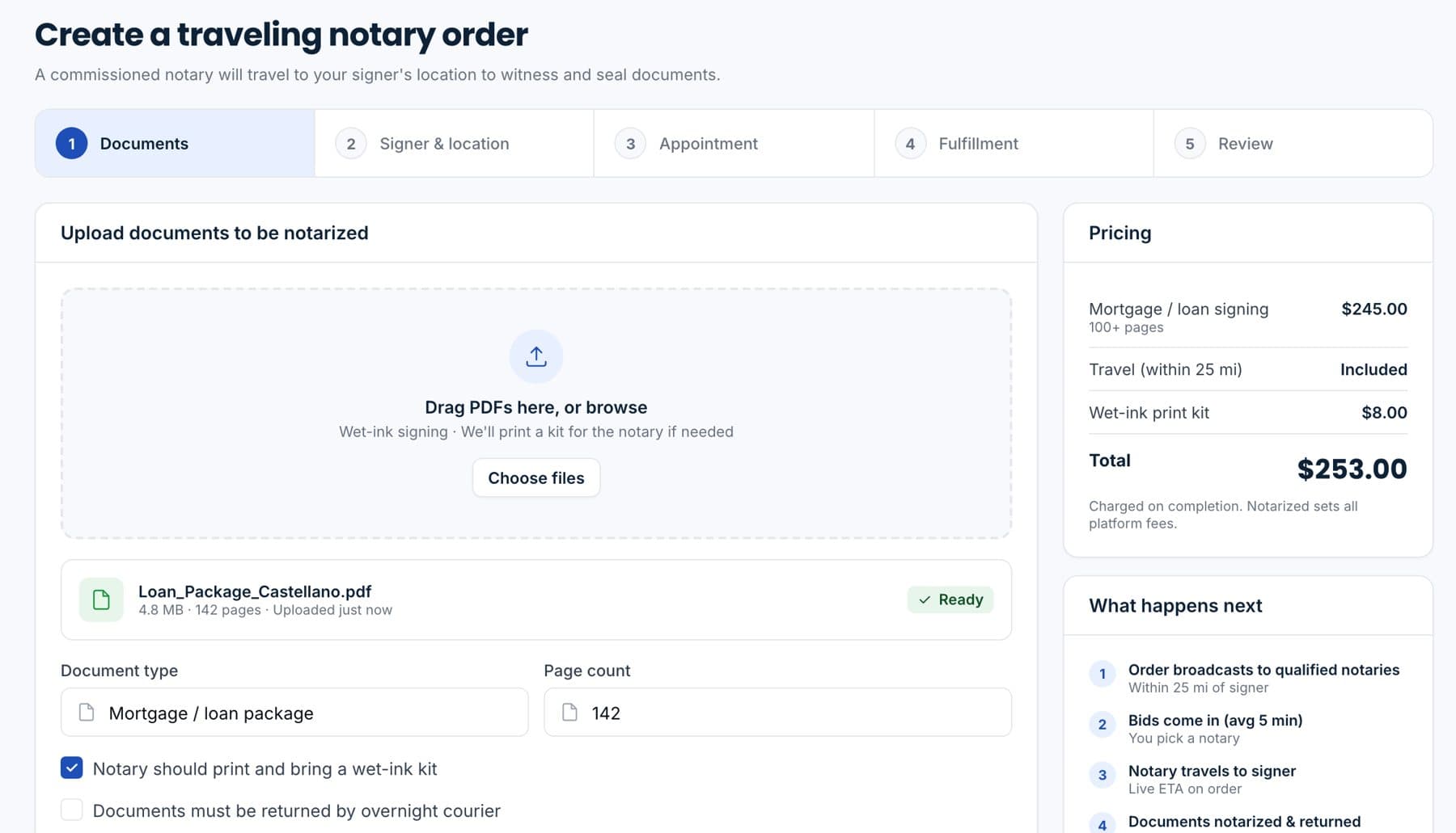 Creating an order, with the option to hand it to the Notarized team.