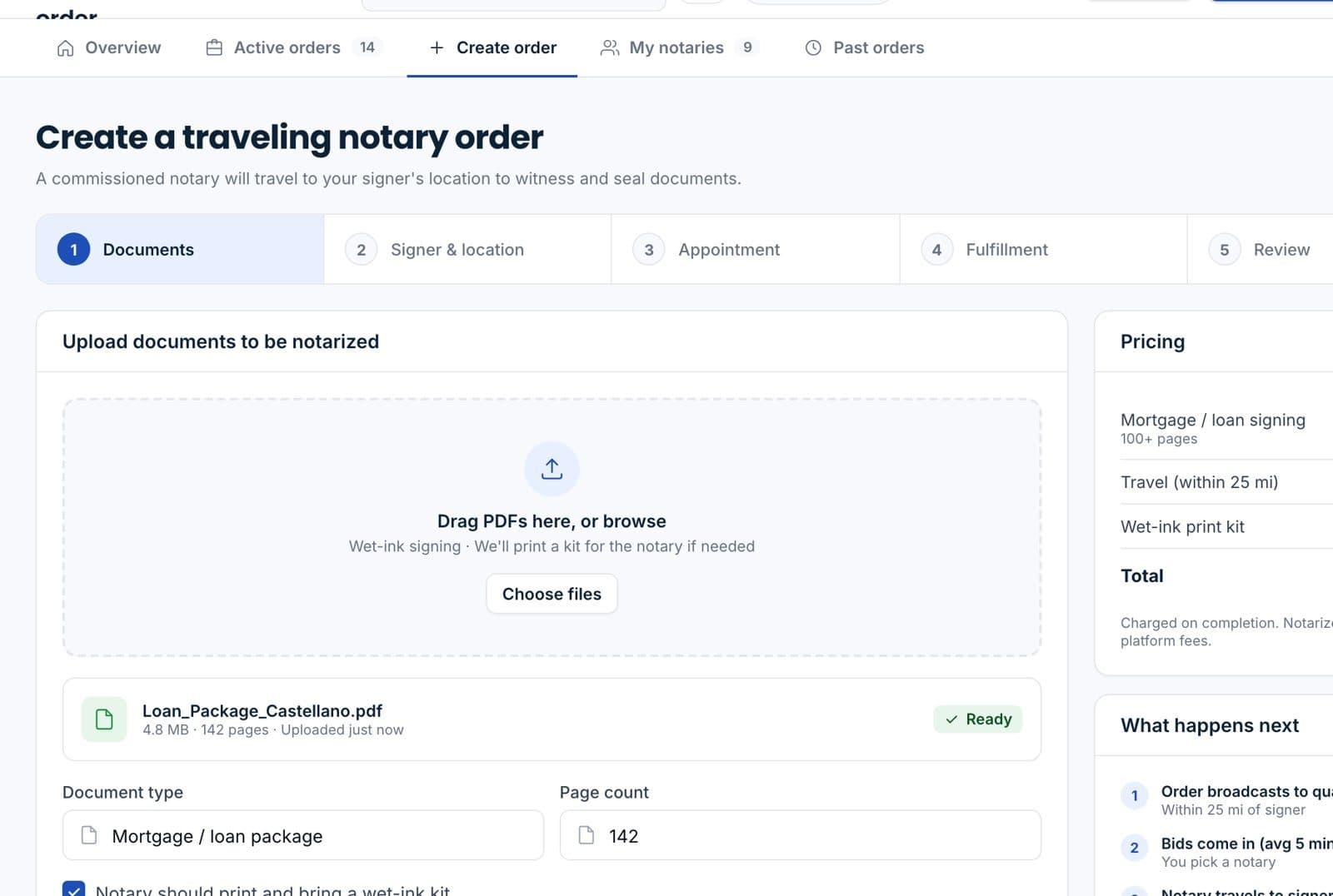 Creating a traveling notary order.