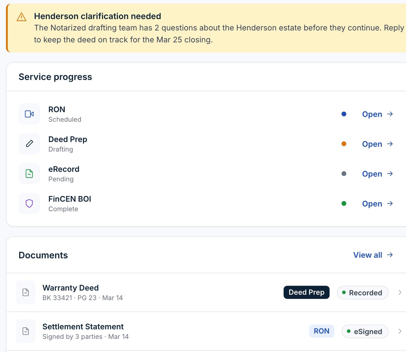 Service progress and documents on a transaction: the recorded deed and the eSigned settlement statement.