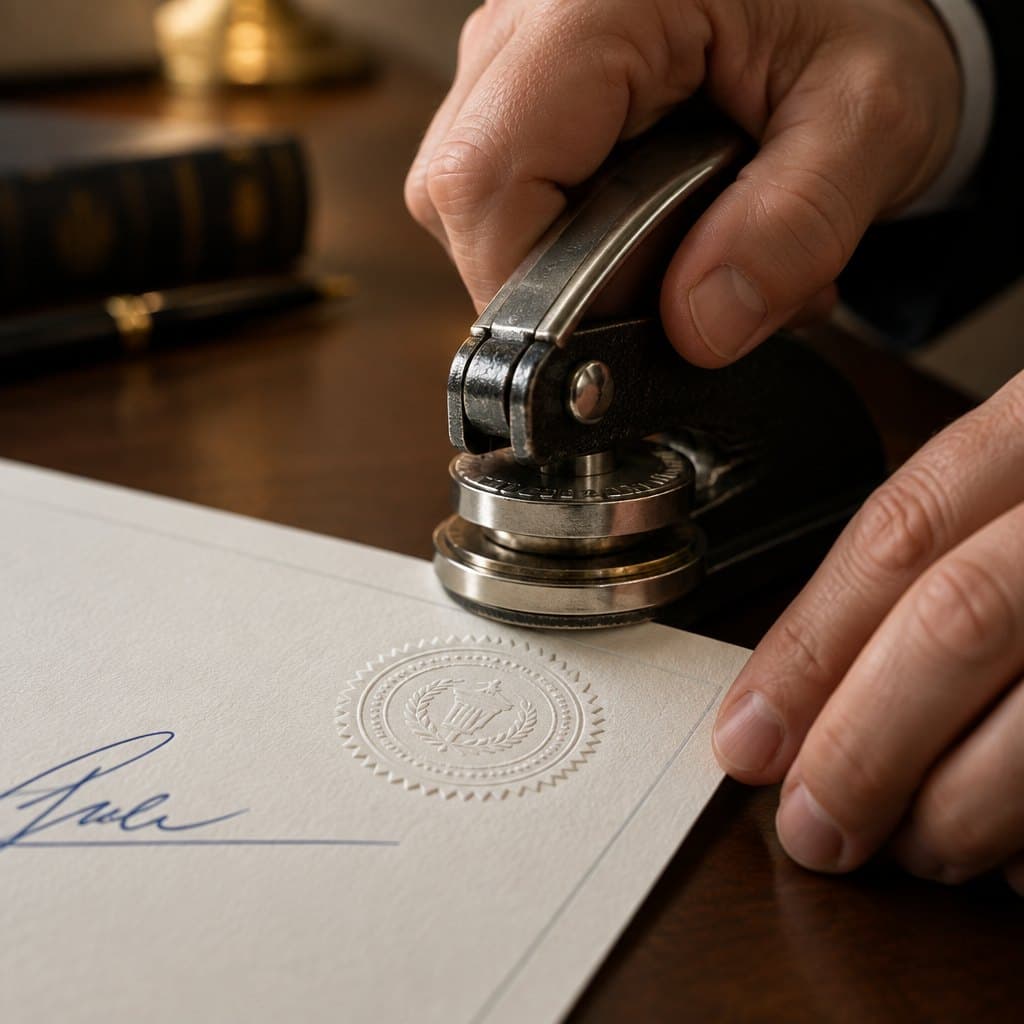 A hand pressing an embosser onto a document.