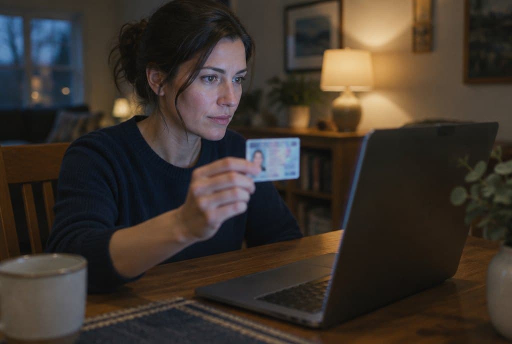 A signer at her kitchen table holding her driver's license up to the laptop camera.