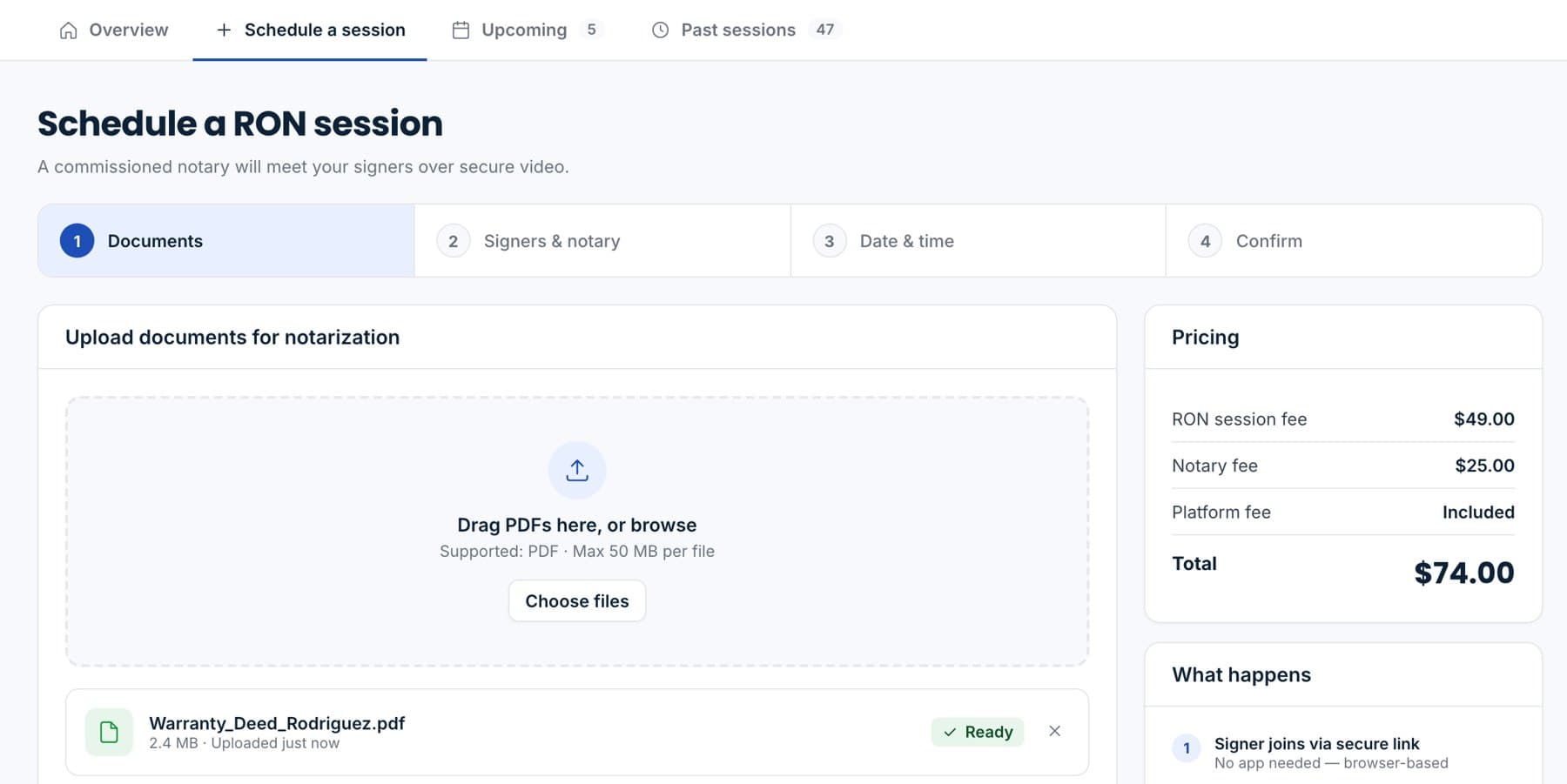 Scheduling a session: document upload and pricing.